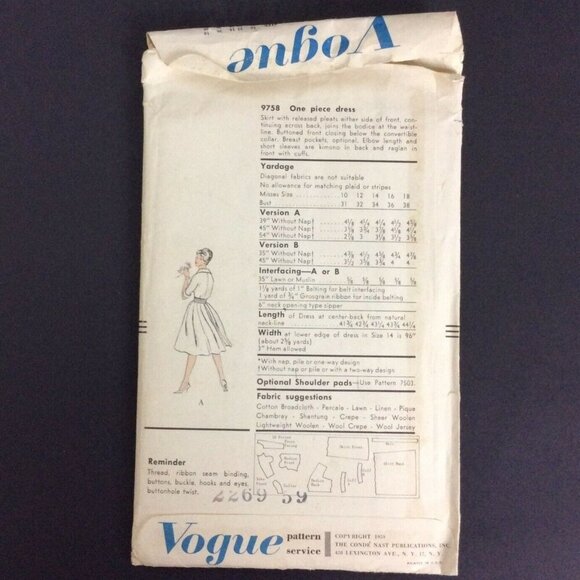 Vogue 9758 Vintage Belted Dress Sewing Pattern Size 14 Bust 34 Hip 36 1959 Uncut - Picture 2 of 4